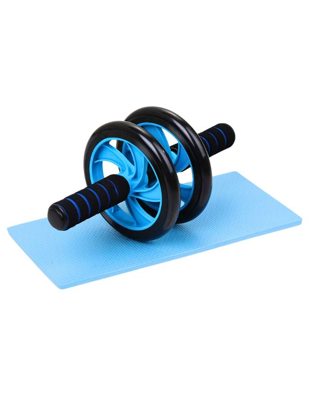 Blue and black abdominal ab wheel roller with foam handles placed on a blue knee pad